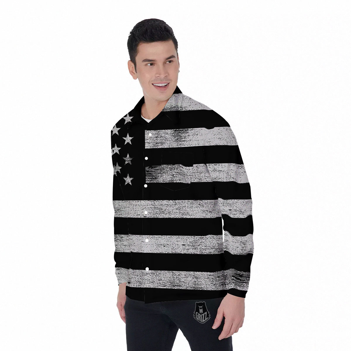 USA Flag White And Black Print Men's Long Sleeve Shirts-grizzshop