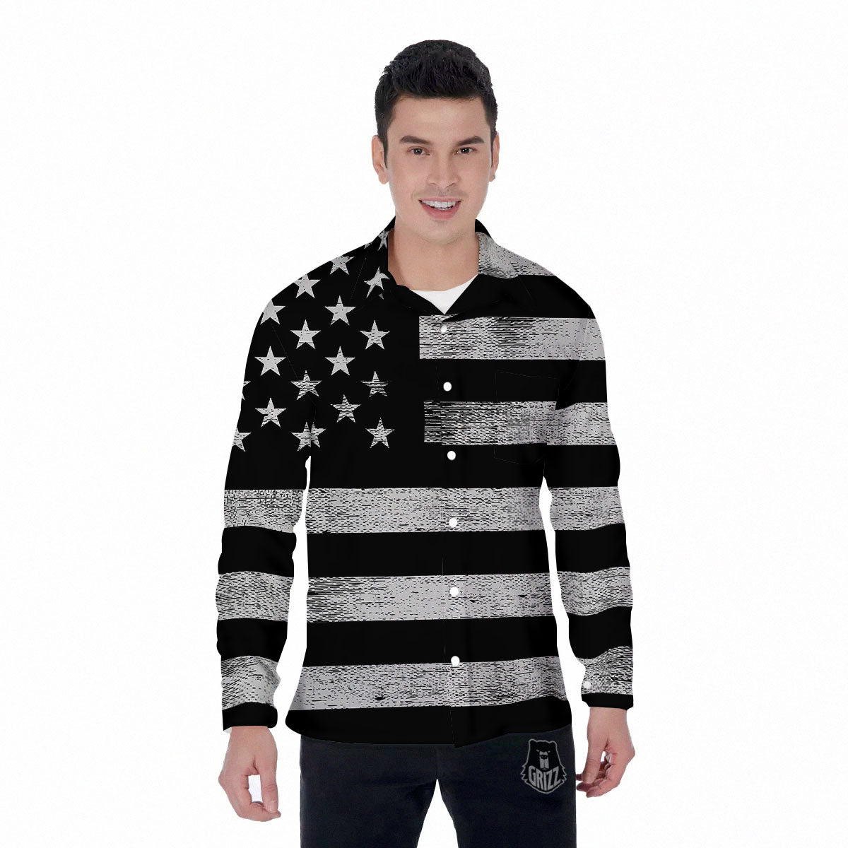 USA Flag White And Black Print Men's Long Sleeve Shirts-grizzshop