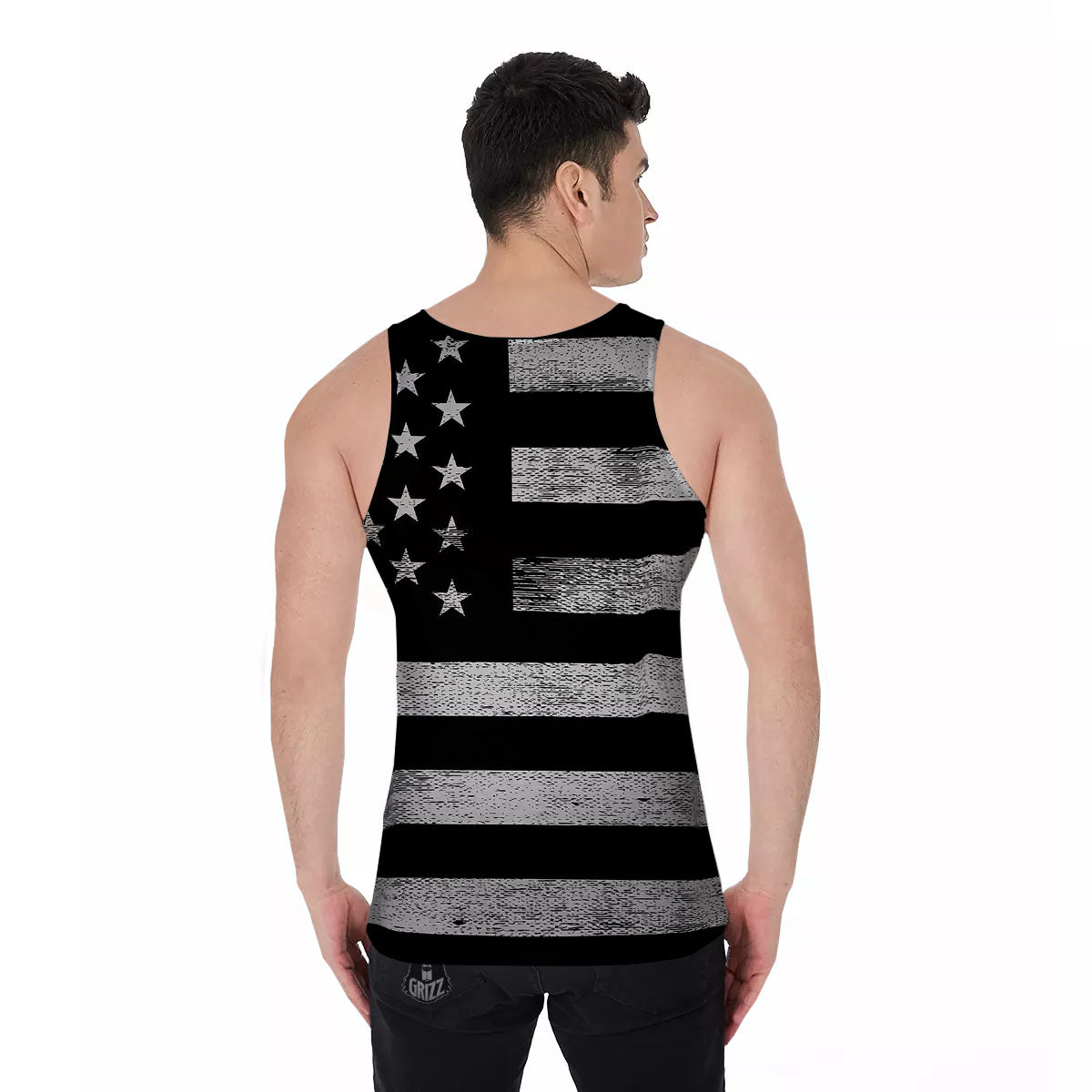 USA Flag White And Black Print Men's Tank Top-grizzshop