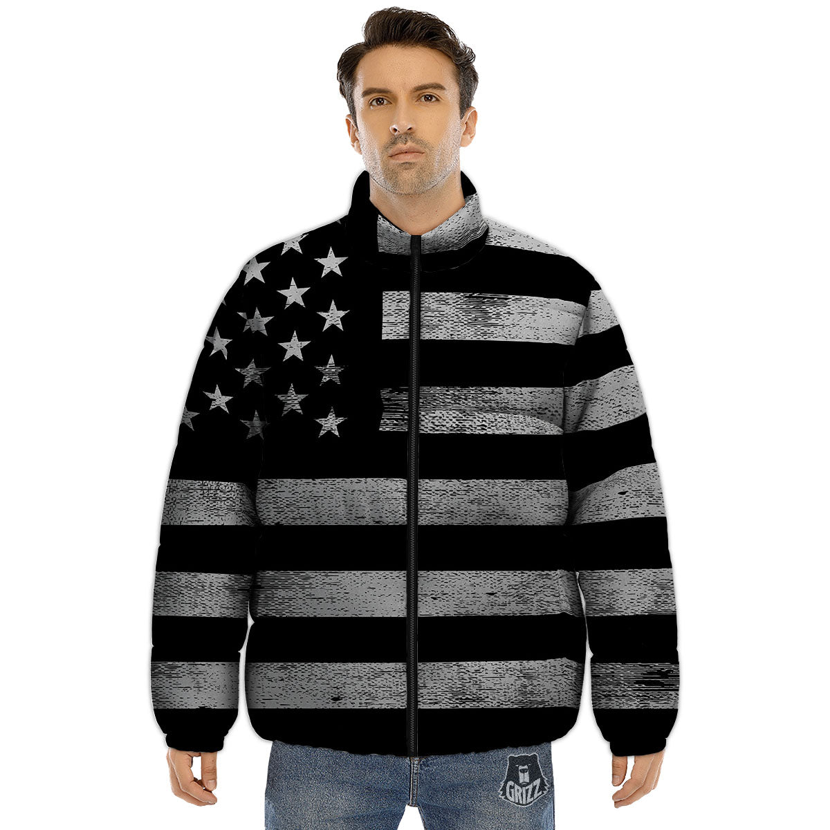 USA Flag White And Black Print Puffer Jacket-grizzshop