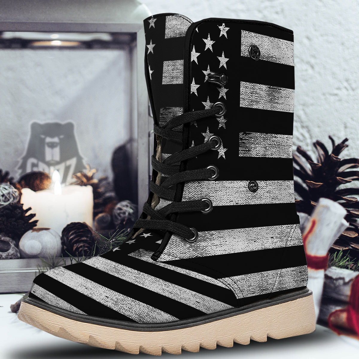 USA Flag White And Black Print Snow Boots-grizzshop