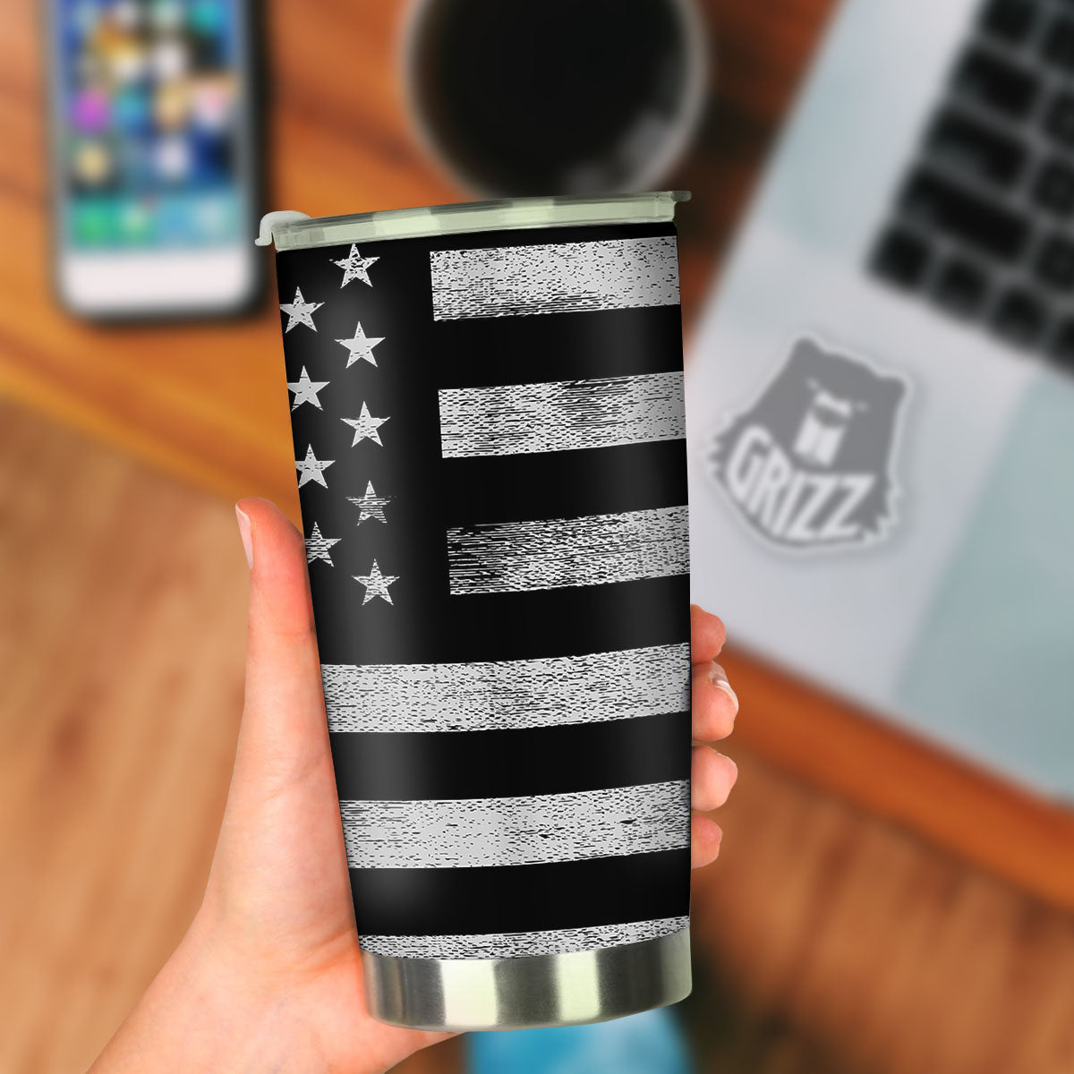 USA Flag White And Black Print Tumbler-grizzshop