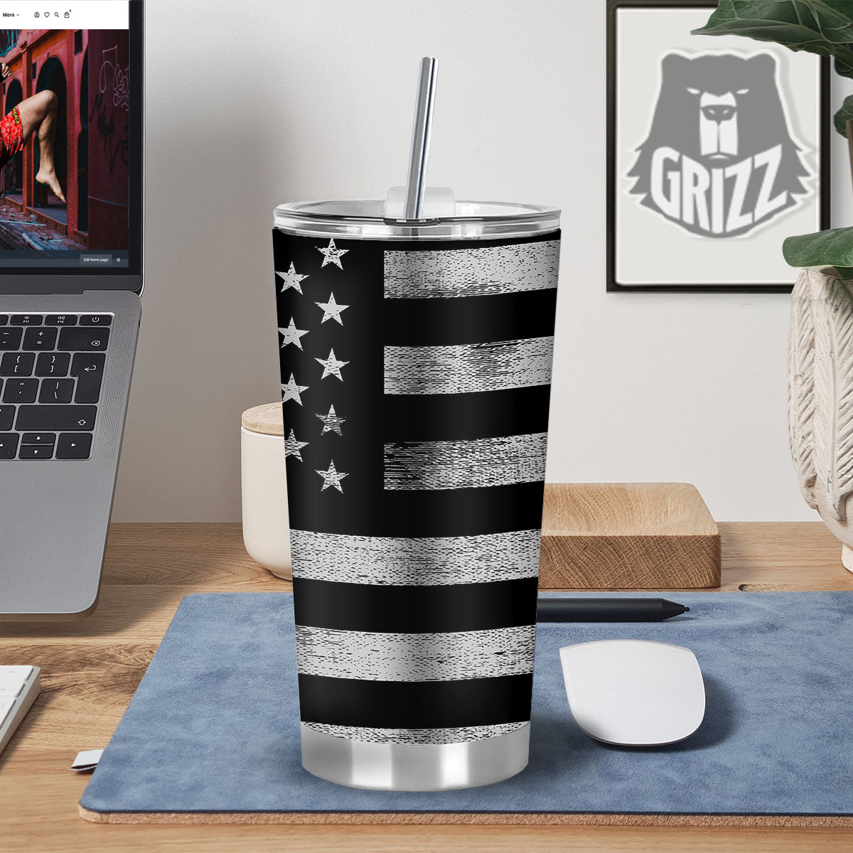 USA Flag White And Black Print Tumbler-grizzshop