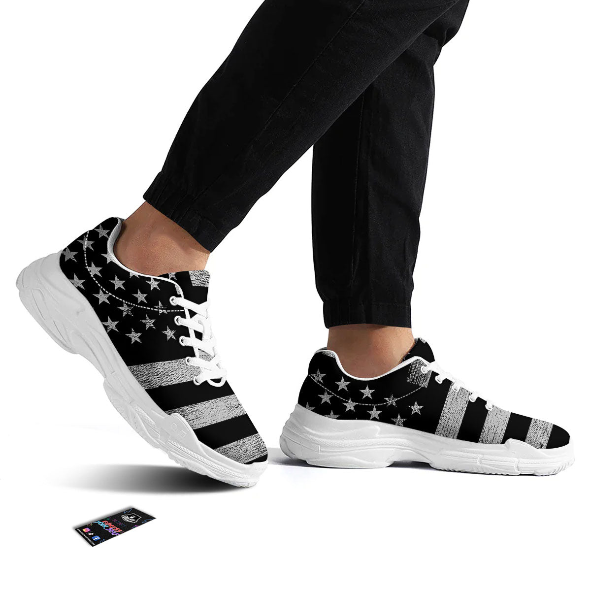 USA Flag White And Black Print White Chunky Shoes-grizzshop