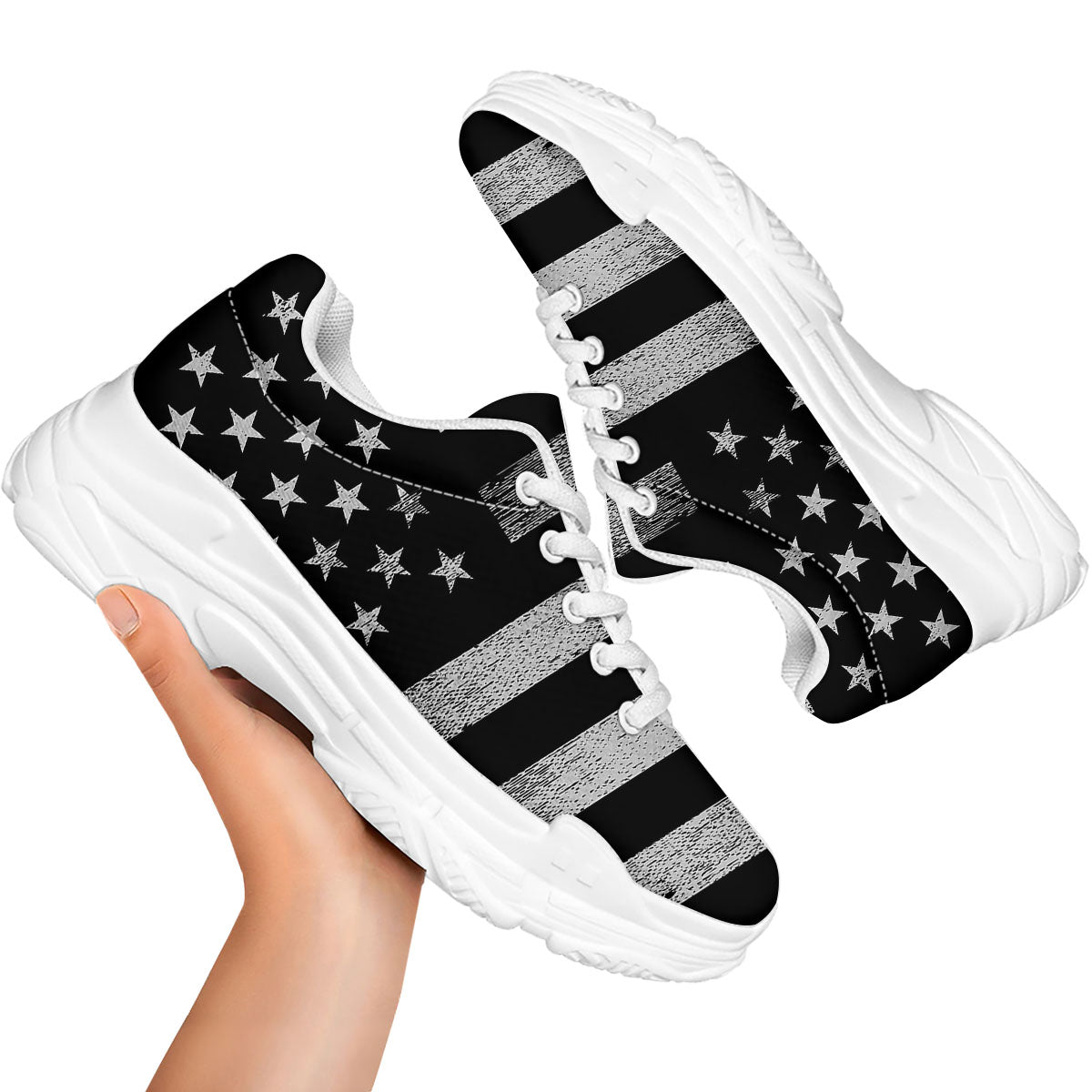 USA Flag White And Black Print White Chunky Shoes-grizzshop