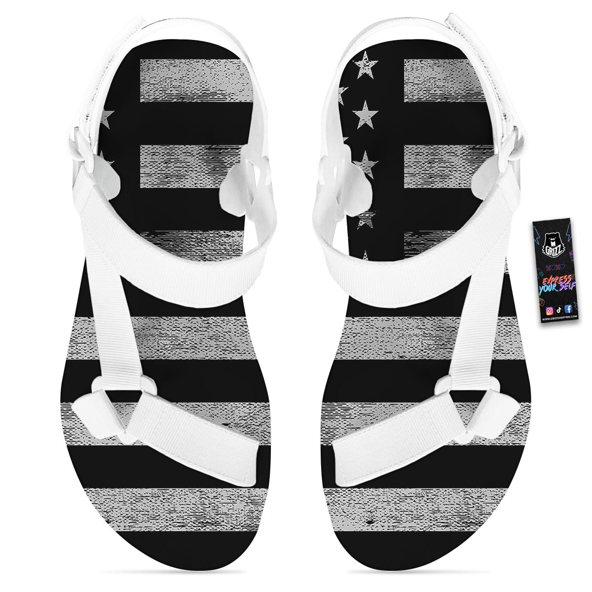 USA Flag White And Black Print White Open Toe Sandals-grizzshop