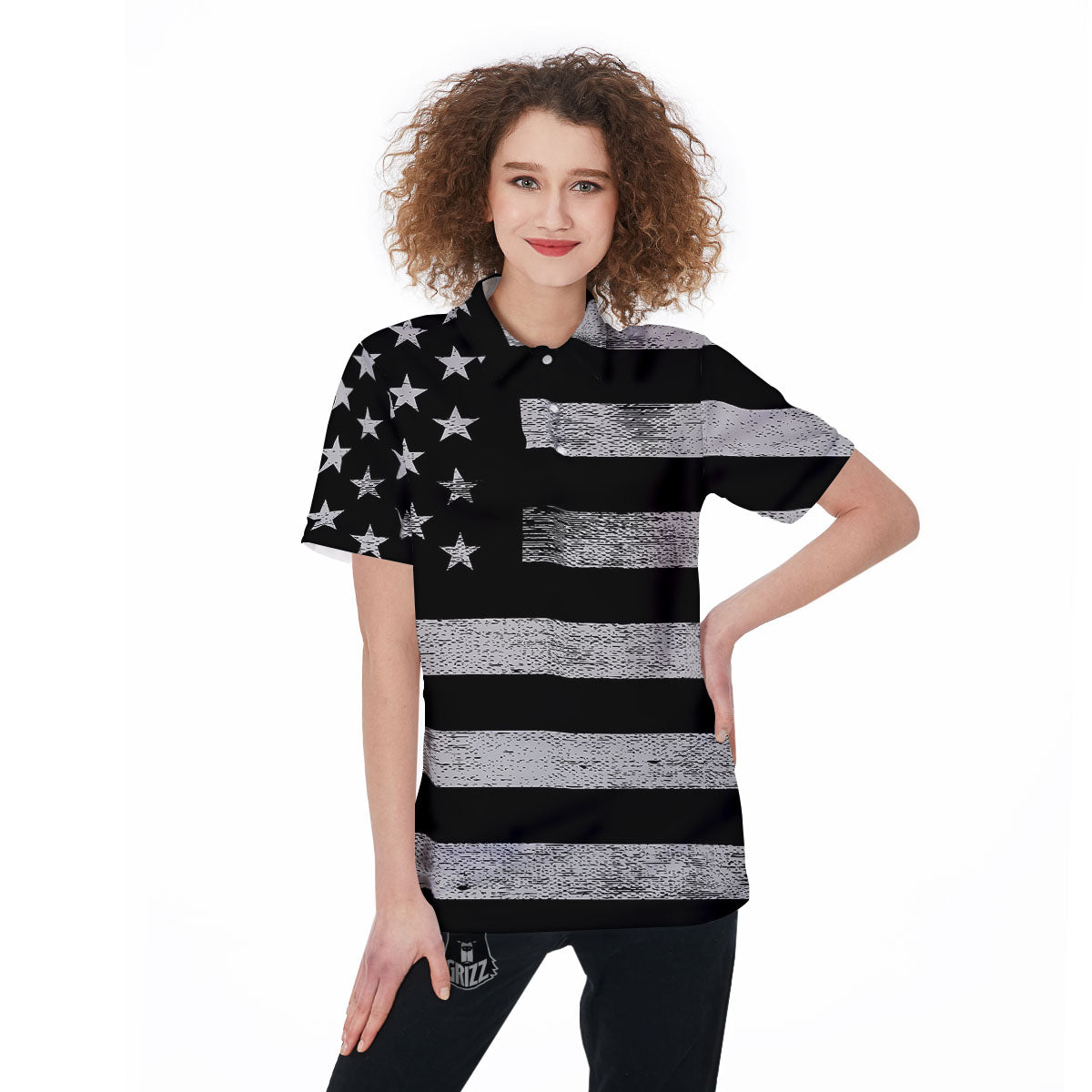 USA Flag White And Black Print Women's Golf Shirts-grizzshop