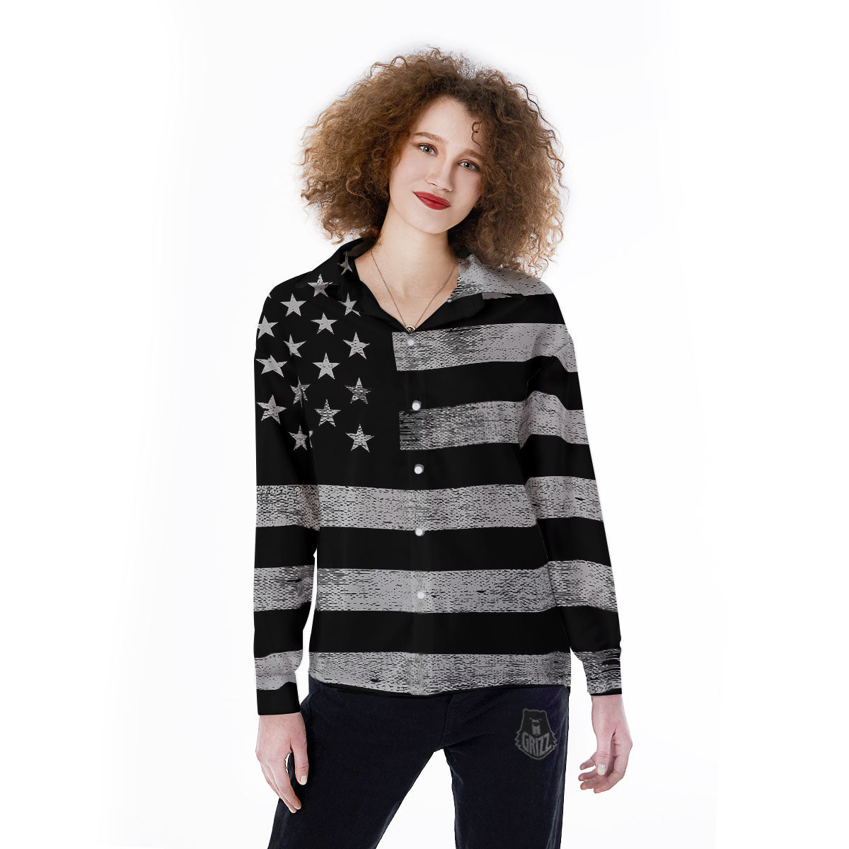 USA Flag White And Black Print Women's Long Sleeve Shirts-grizzshop