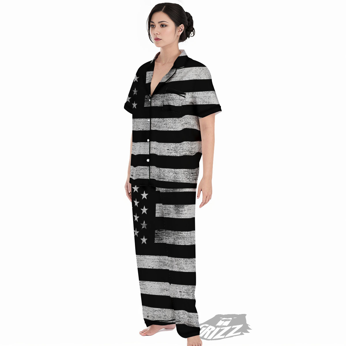 USA Flag White And Black Print Women's Pajamas Set-grizzshop