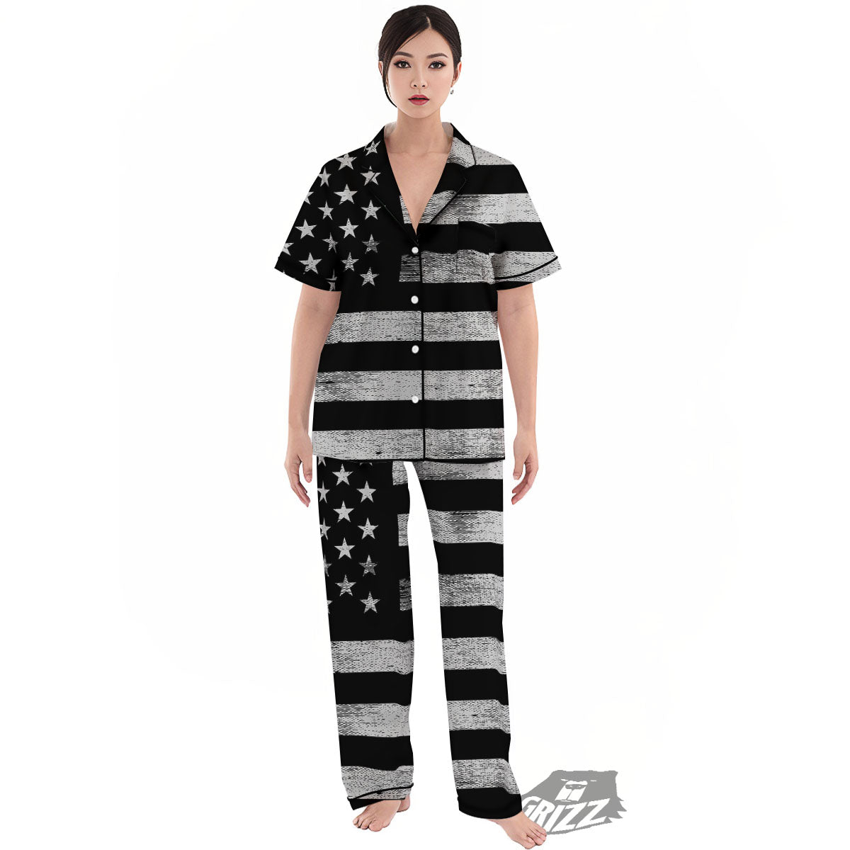 USA Flag White And Black Print Women's Pajamas Set-grizzshop