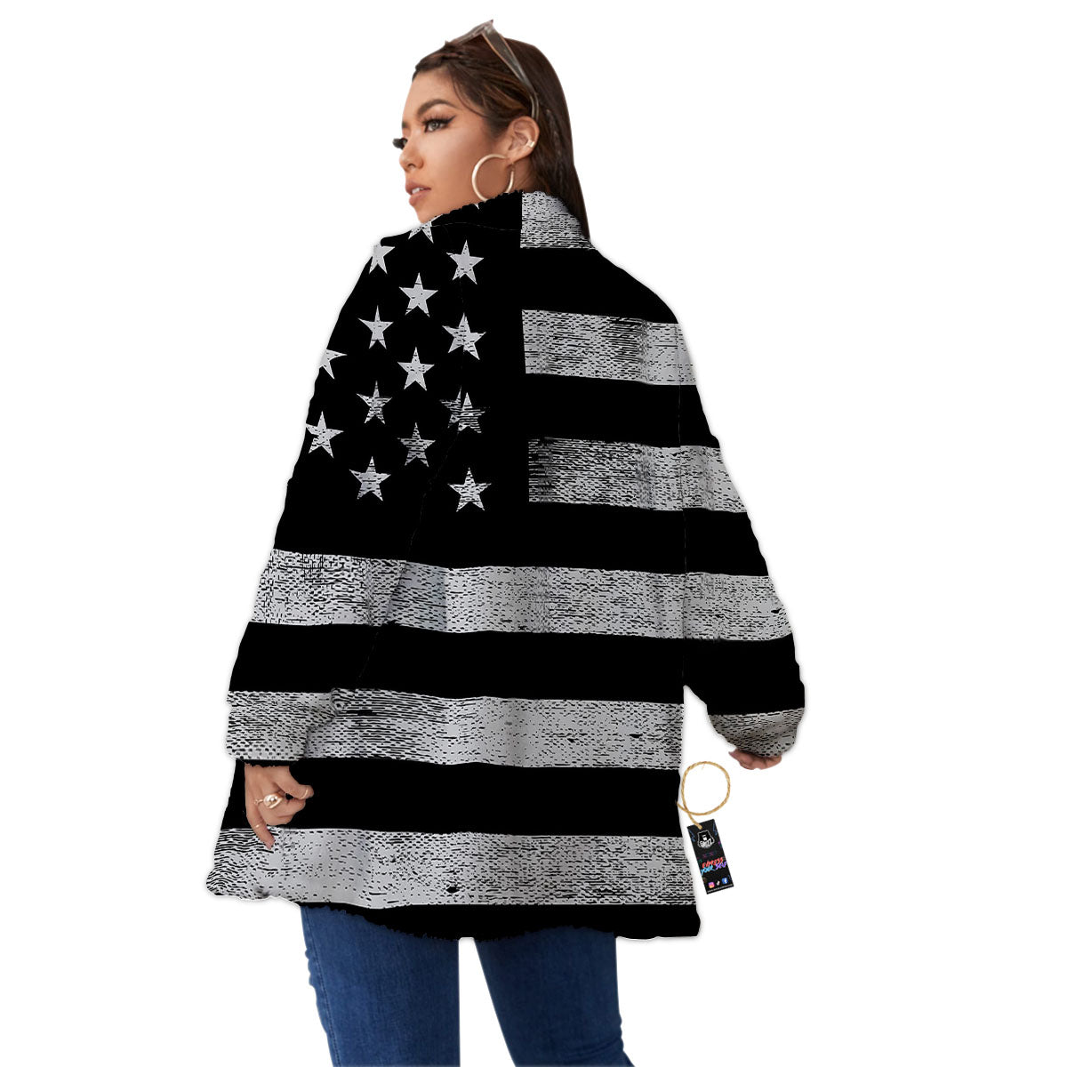 USA Flag White And Black Print Women's Sherpa Jacket-grizzshop