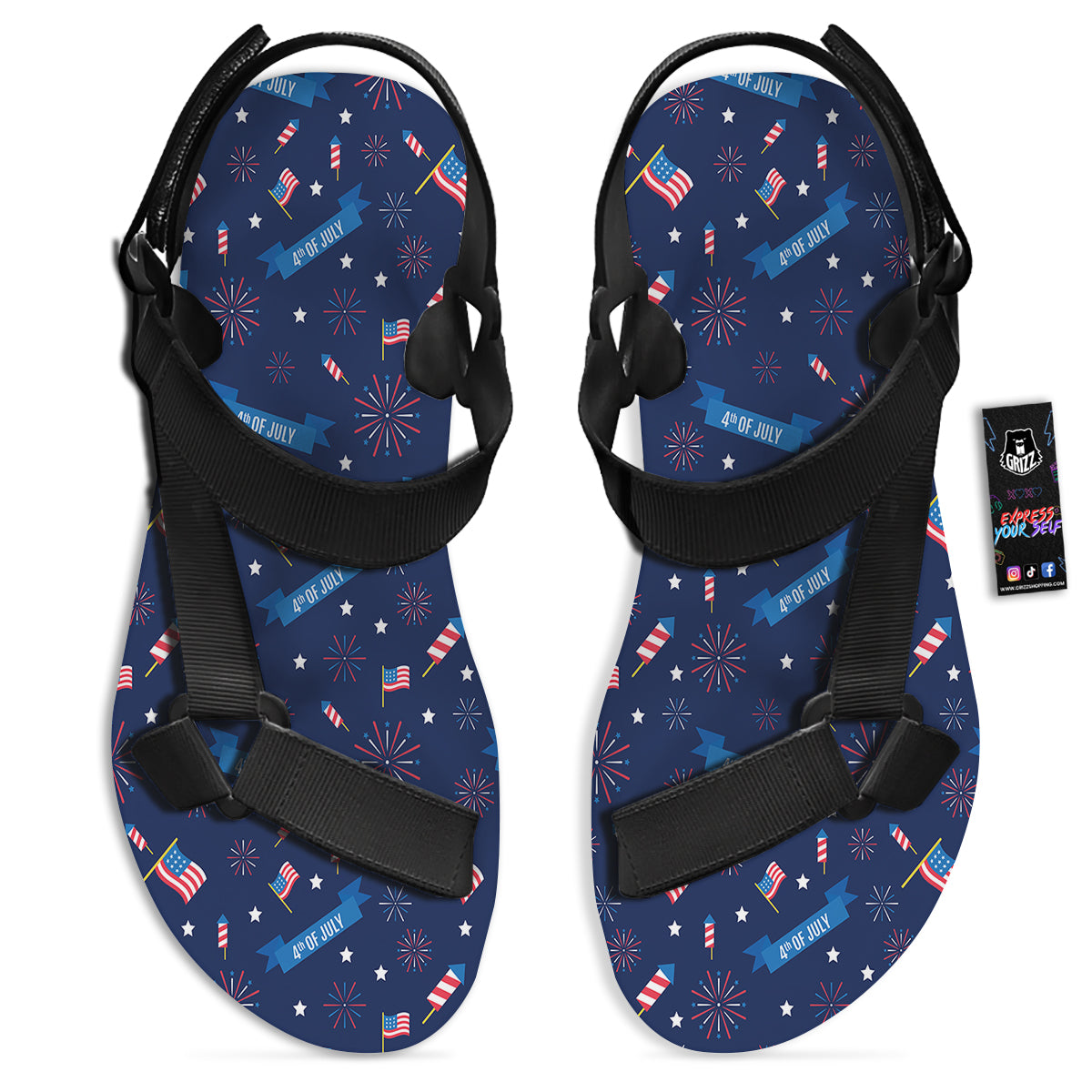 USA Star 4th of July Print Pattern Black Open Toe Sandals-grizzshop