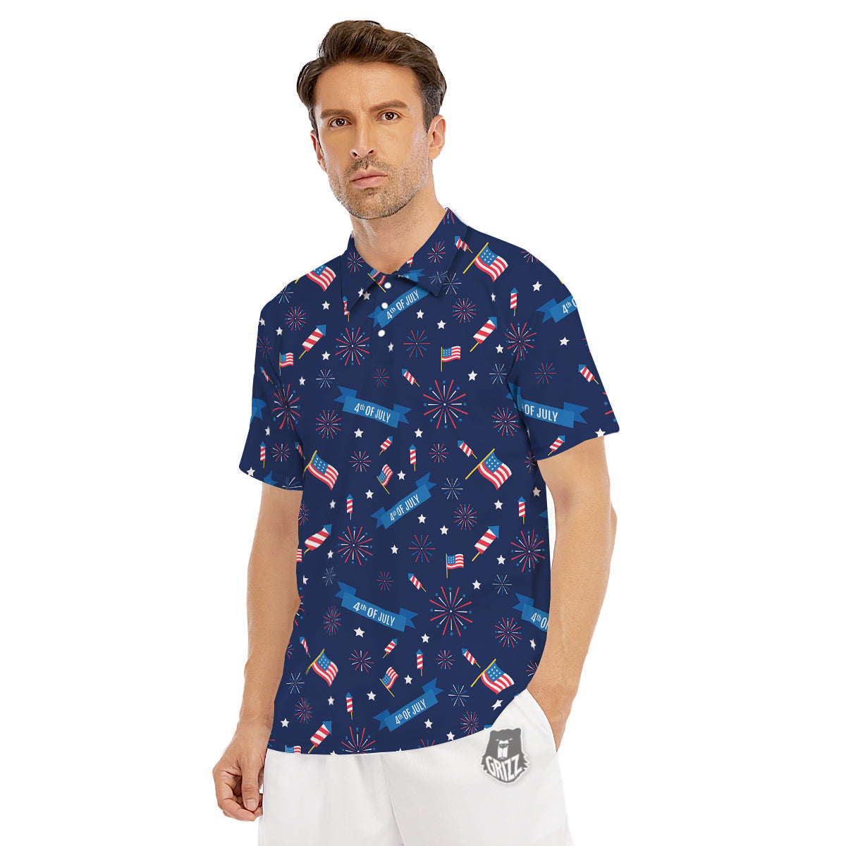 USA Star 4th of July Print Pattern Men's Golf Shirts-grizzshop