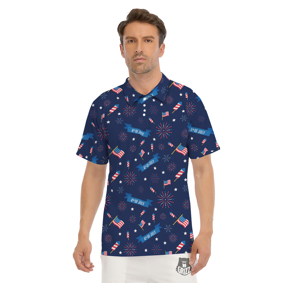 USA Star 4th of July Print Pattern Men's Golf Shirts-grizzshop