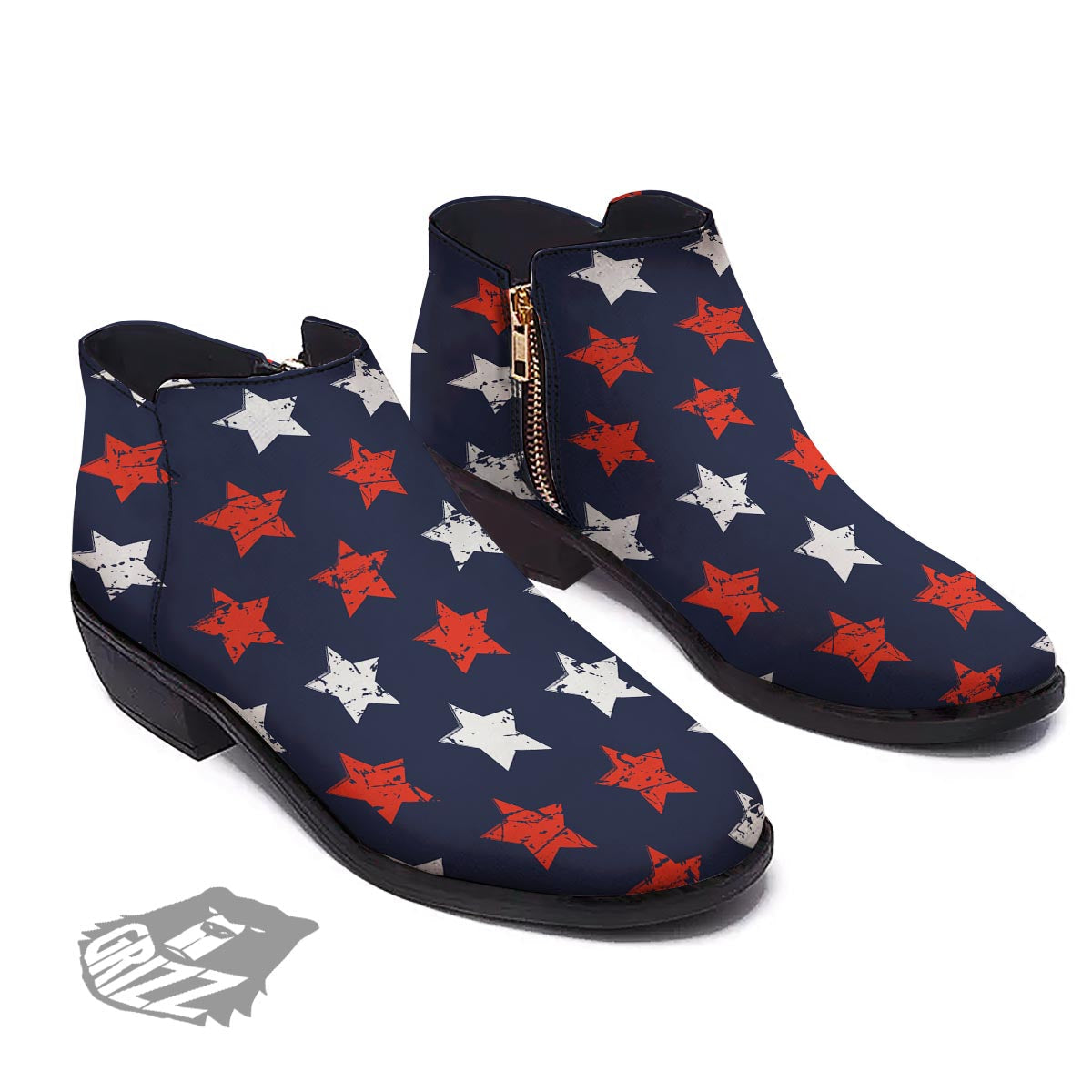 USA Star Blue And Red Print Pattern Ankle Boots-grizzshop