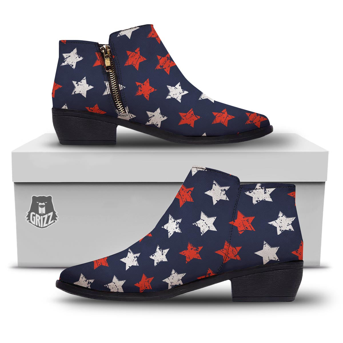 USA Star Blue And Red Print Pattern Ankle Boots-grizzshop