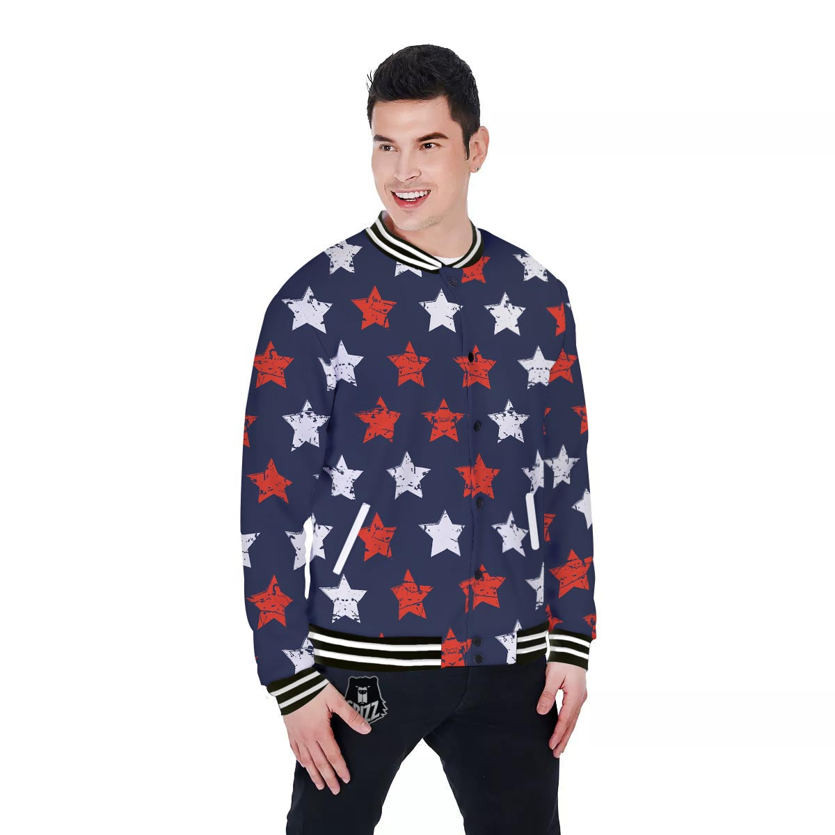 USA Star Blue And Red Print Pattern Baseball Jacket-grizzshop