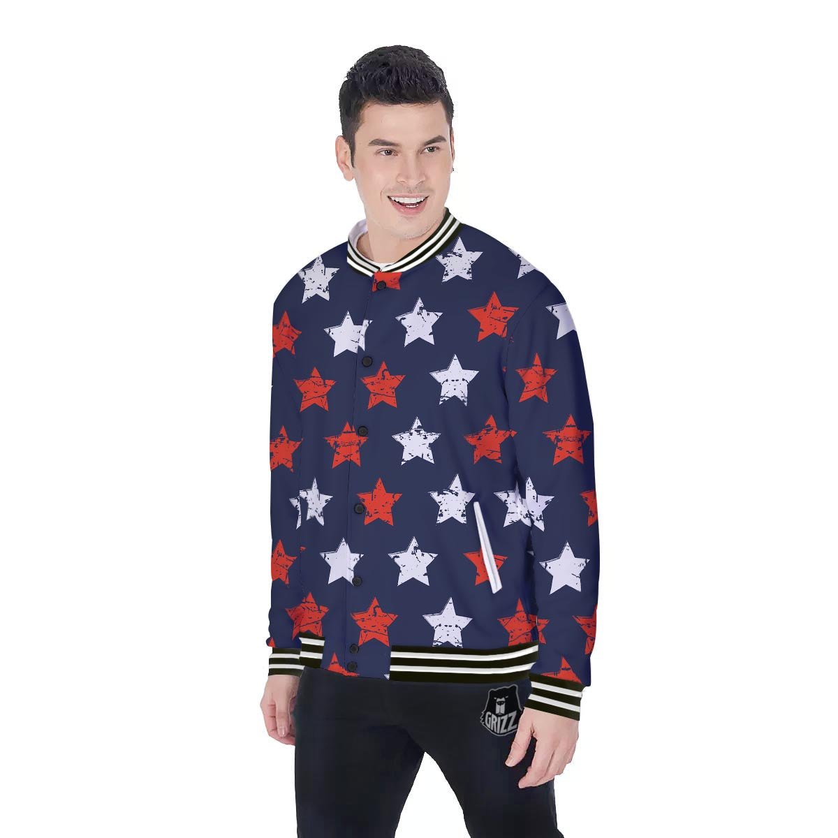 USA Star Blue And Red Print Pattern Baseball Jacket-grizzshop