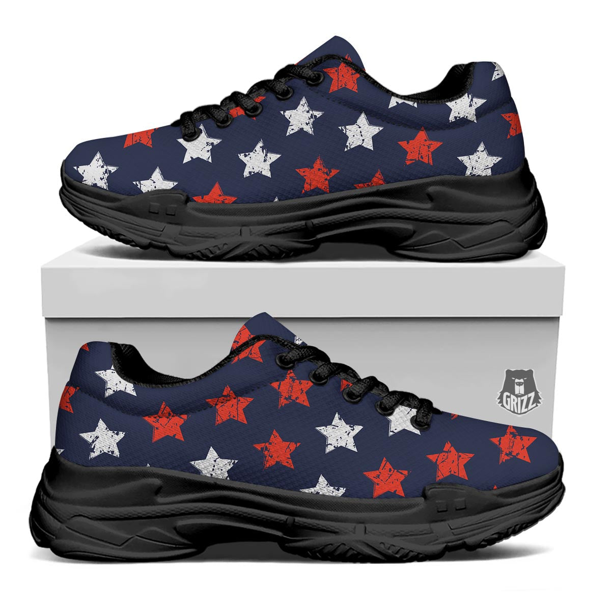 USA Star Blue And Red Print Pattern Black Chunky Shoes-grizzshop