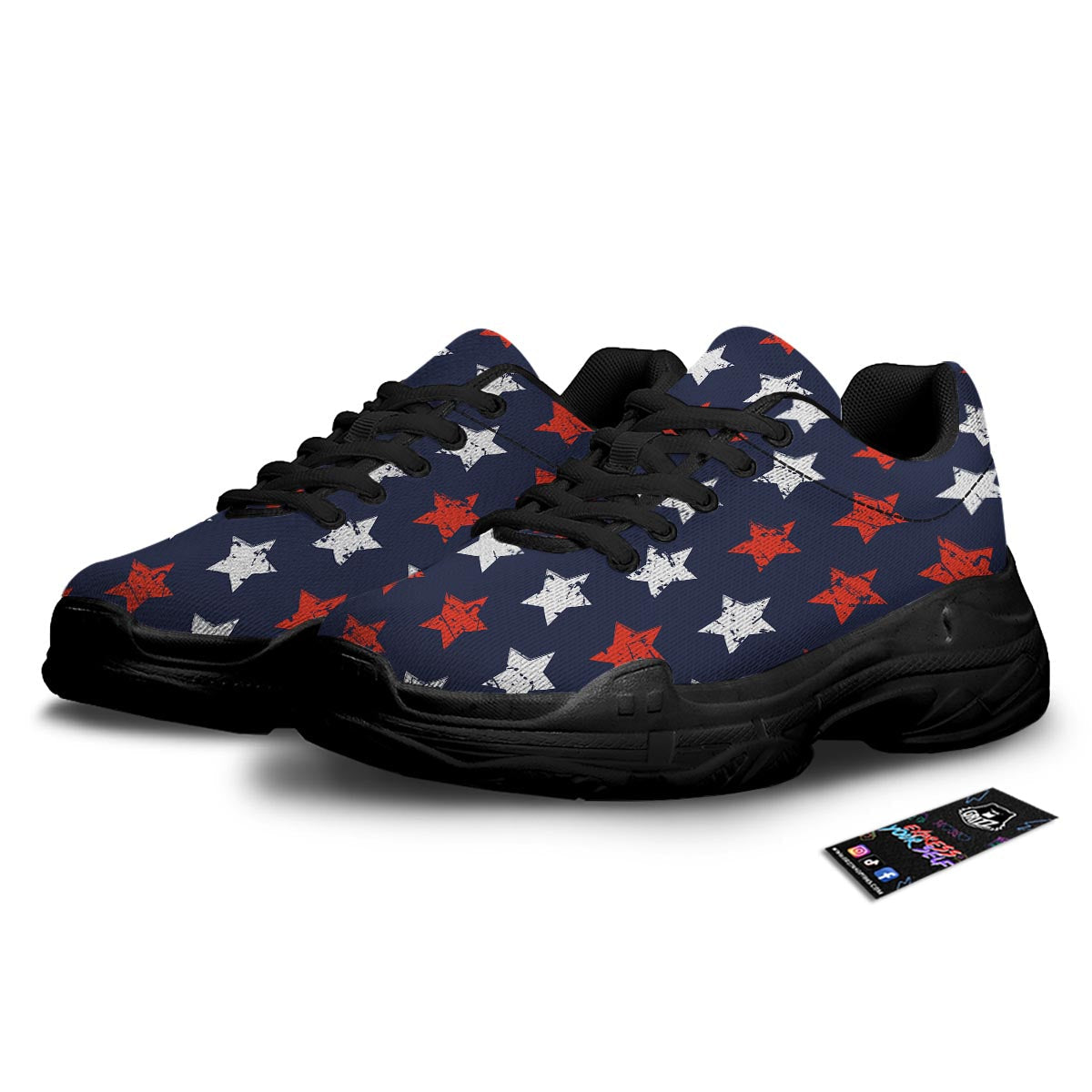 USA Star Blue And Red Print Pattern Black Chunky Shoes-grizzshop