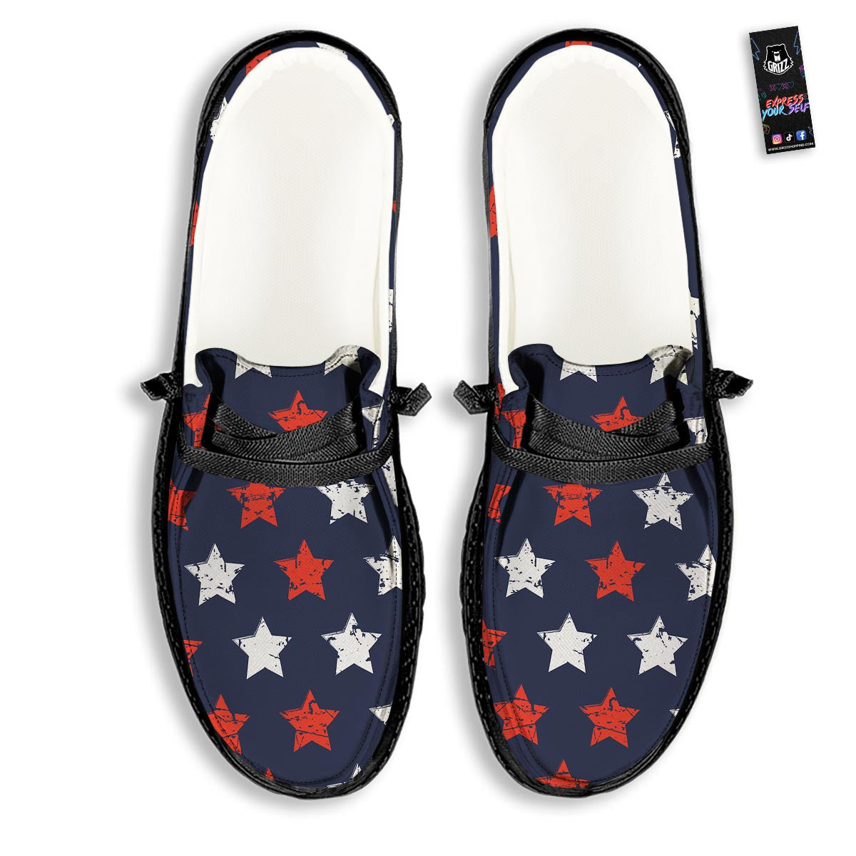 USA Star Blue And Red Print Pattern Black Loafers-grizzshop