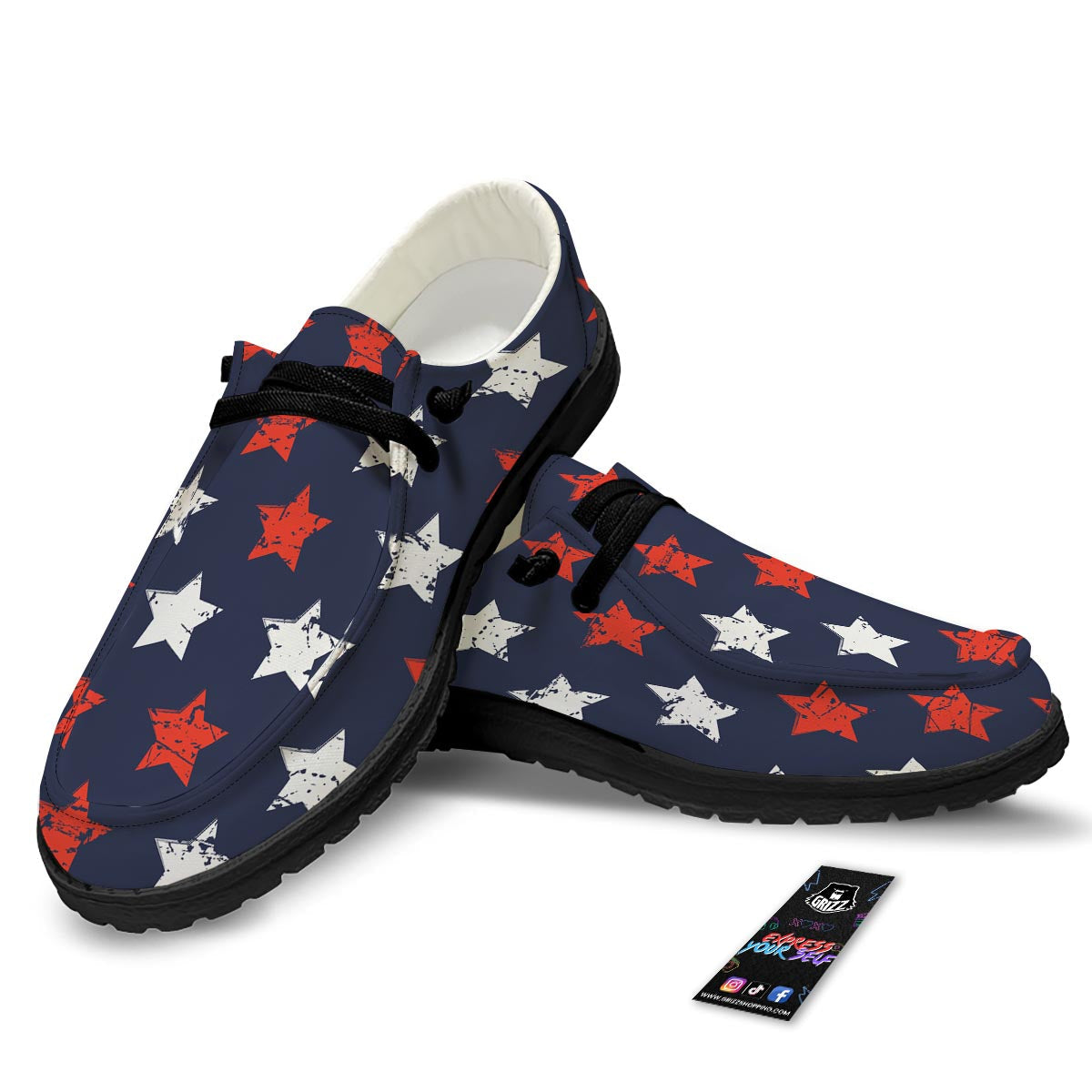 USA Star Blue And Red Print Pattern Black Loafers-grizzshop