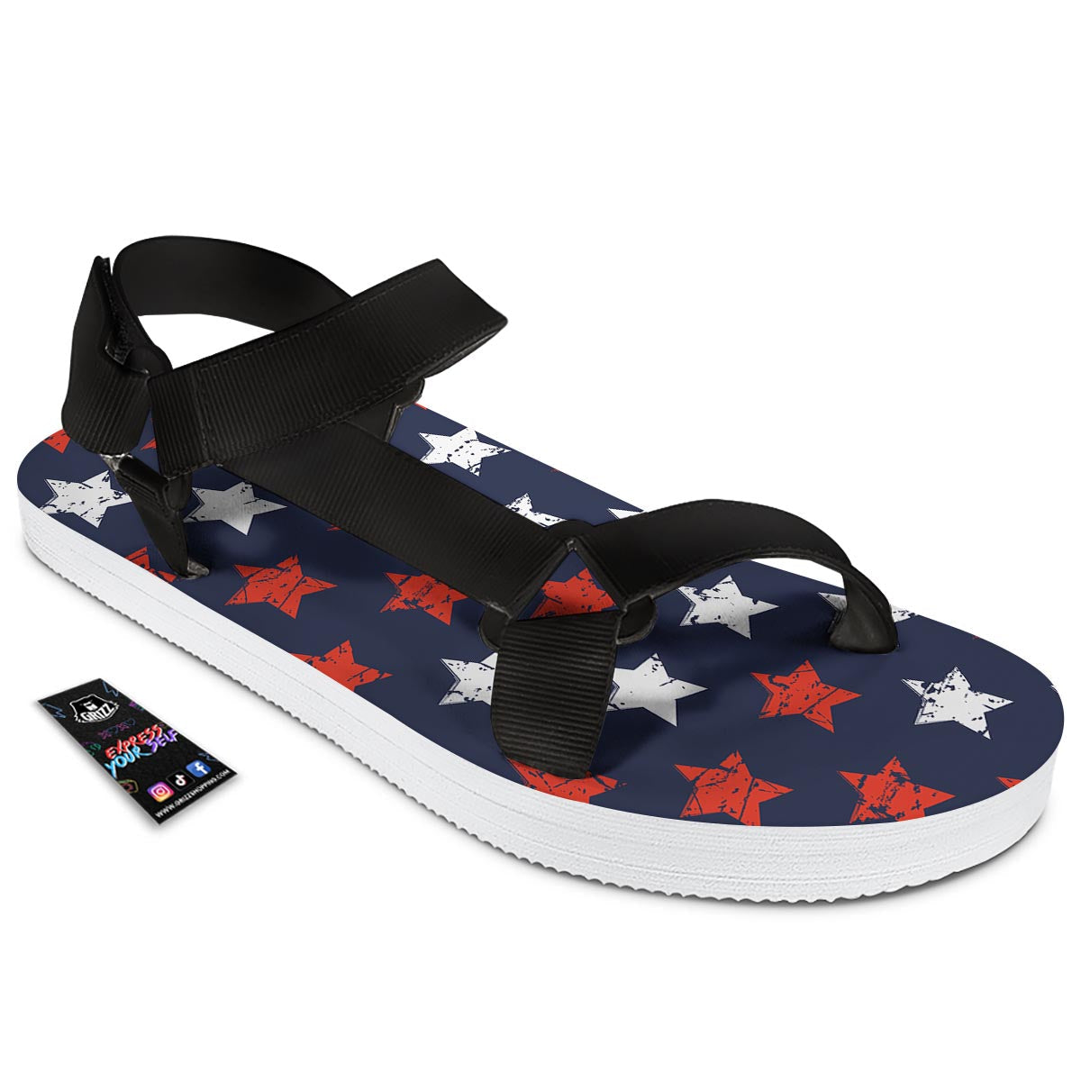 USA Star Blue And Red Print Pattern Black Open Toe Sandals-grizzshop