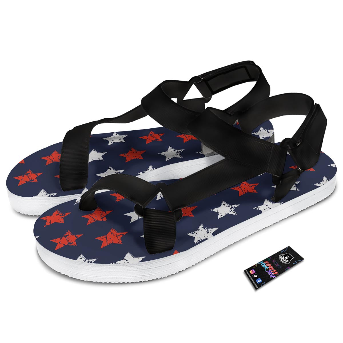 USA Star Blue And Red Print Pattern Black Open Toe Sandals-grizzshop