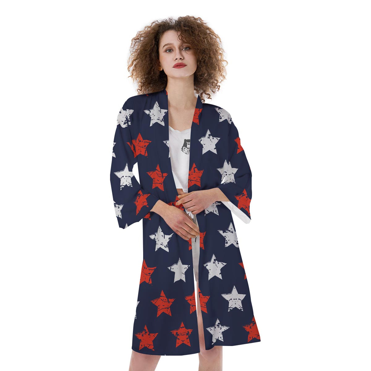 USA Star Blue And Red Print Pattern Kimono-grizzshop