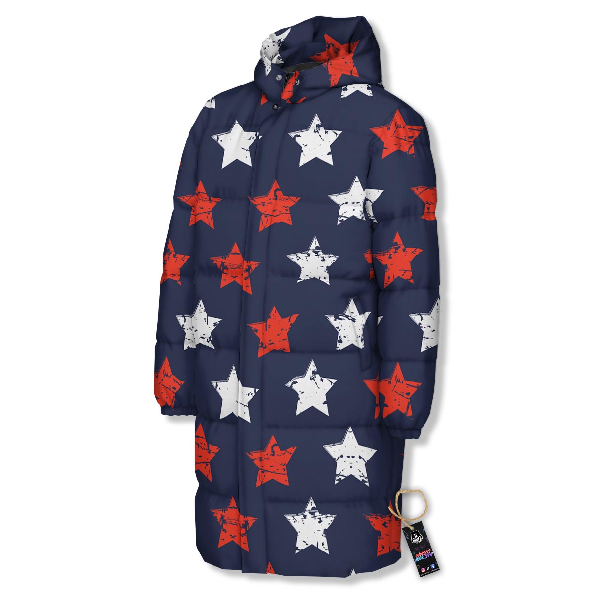 USA Star Blue And Red Print Pattern Long Down Jacket-grizzshop