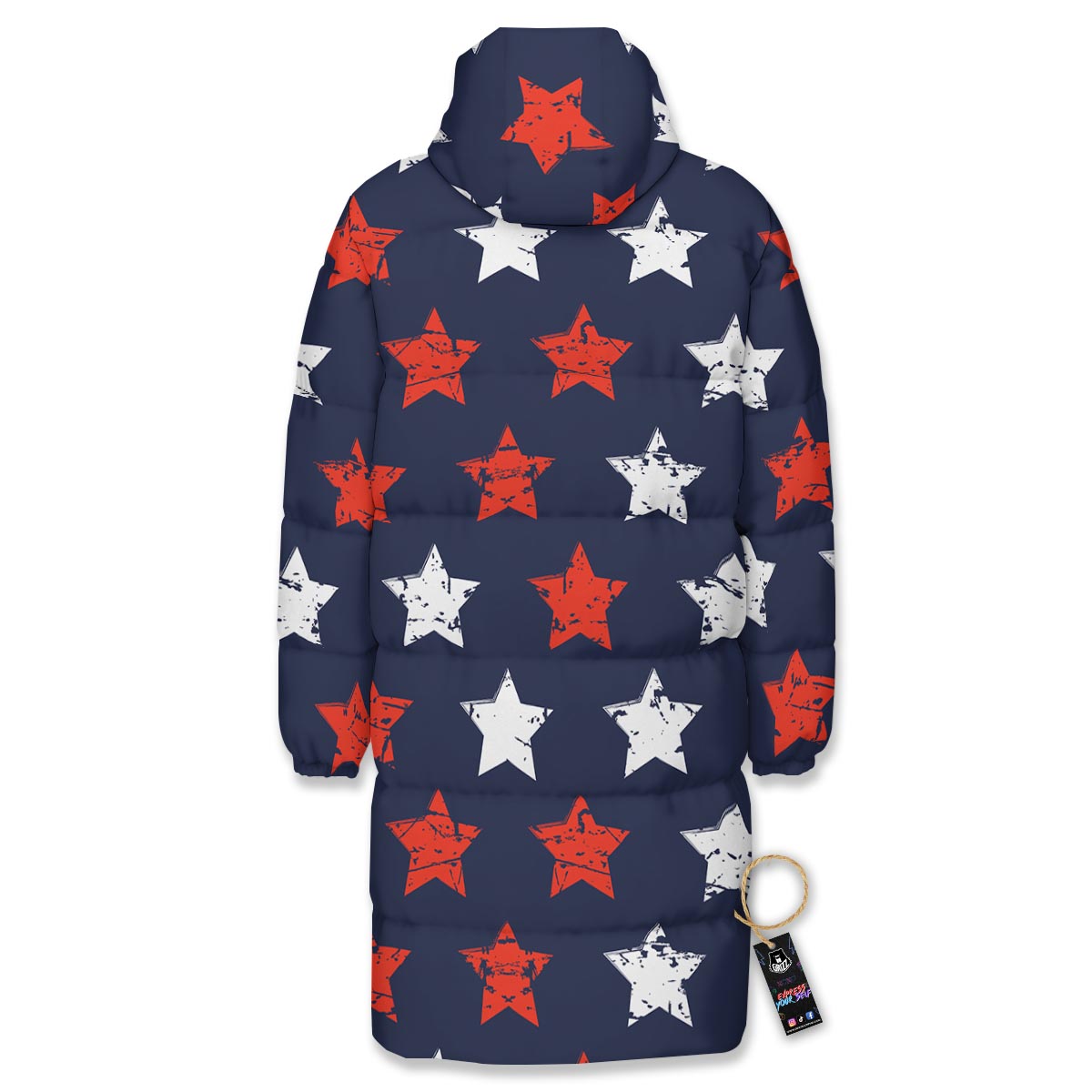 USA Star Blue And Red Print Pattern Long Down Jacket-grizzshop