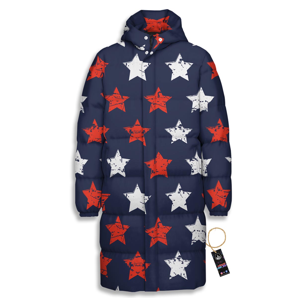 USA Star Blue And Red Print Pattern Long Down Jacket-grizzshop