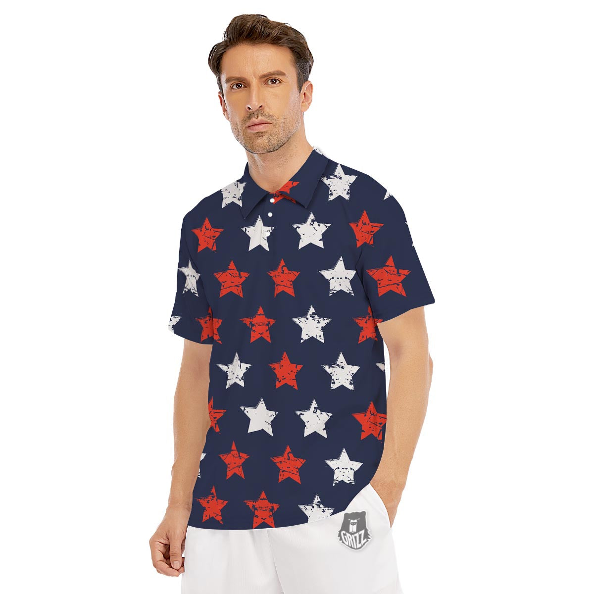 USA Star Blue And Red Print Pattern Men's Golf Shirts-grizzshop