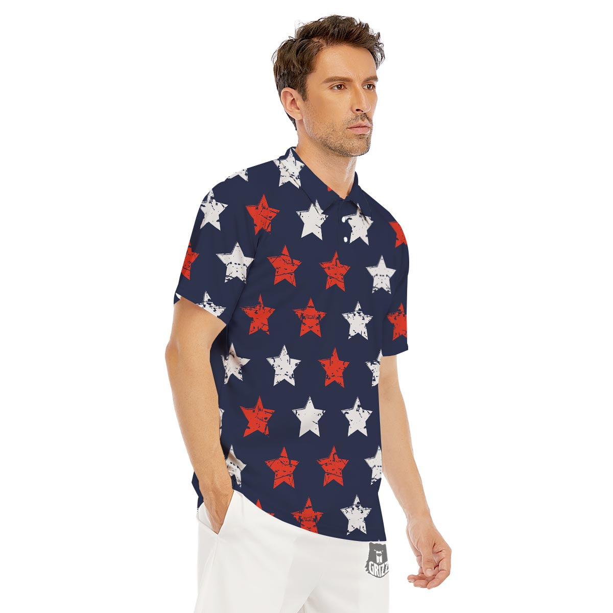 USA Star Blue And Red Print Pattern Men's Golf Shirts-grizzshop