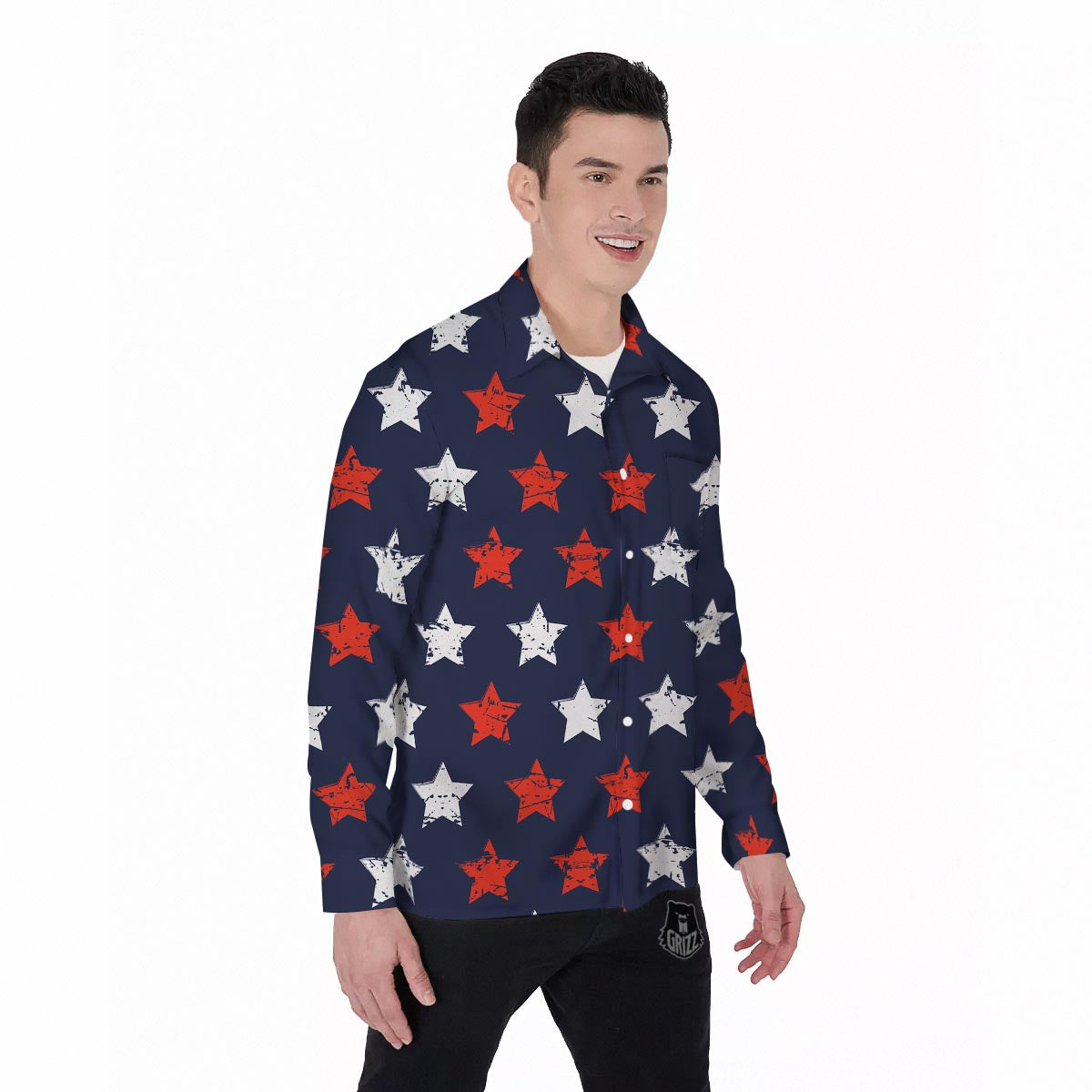 USA Star Blue And Red Print Pattern Men's Long Sleeve Shirts-grizzshop