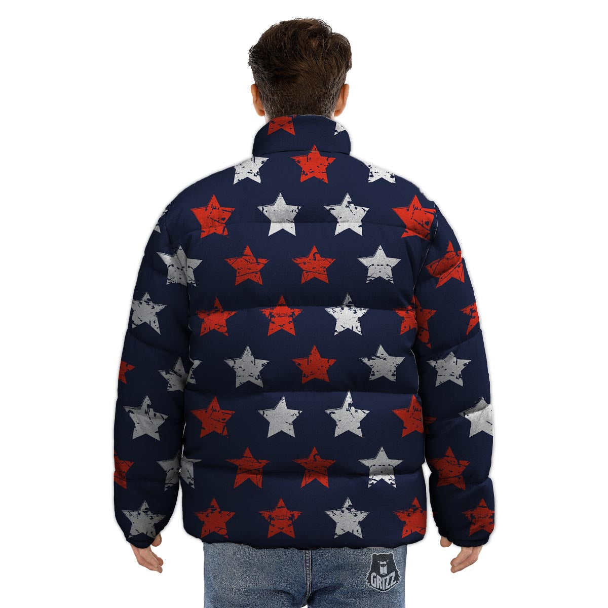 USA Star Blue And Red Print Pattern Puffer Jacket-grizzshop