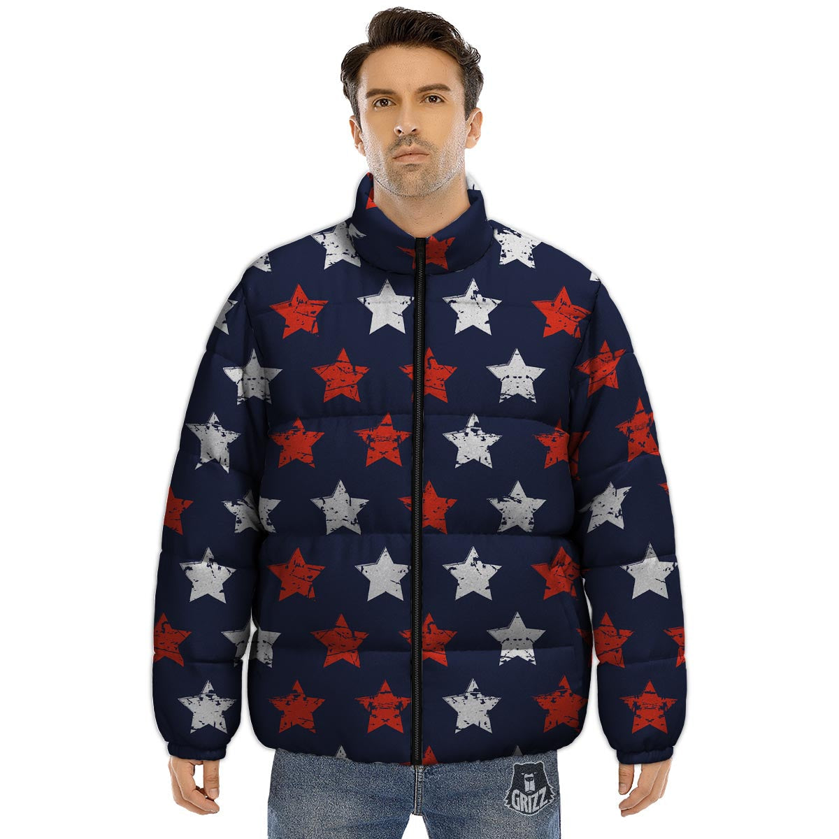 USA Star Blue And Red Print Pattern Puffer Jacket-grizzshop