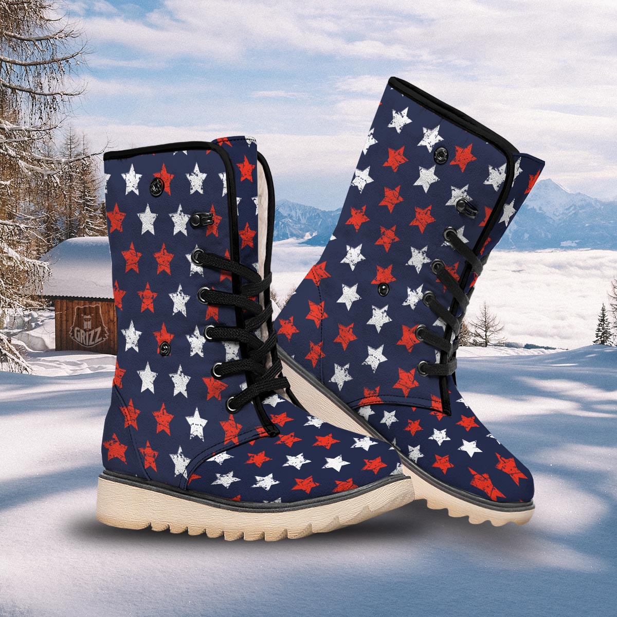 USA Star Blue And Red Print Pattern Snow Boots-grizzshop