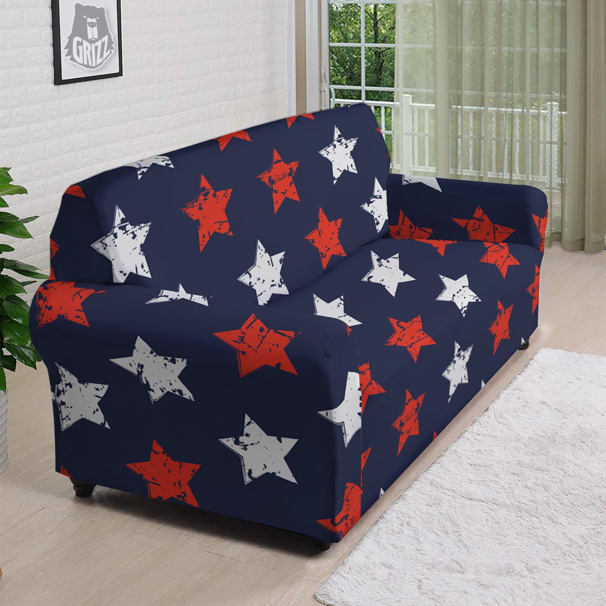 USA Star Blue And Red Print Pattern Sofa Cover-grizzshop