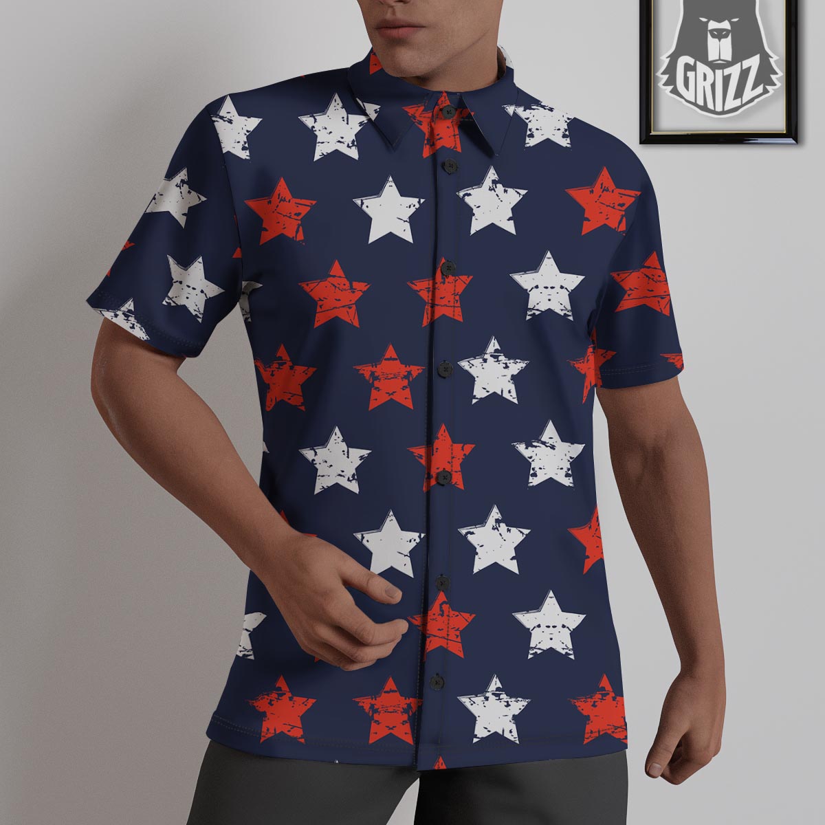 USA Star Blue And Red Print Pattern Untucked Shirts-grizzshop