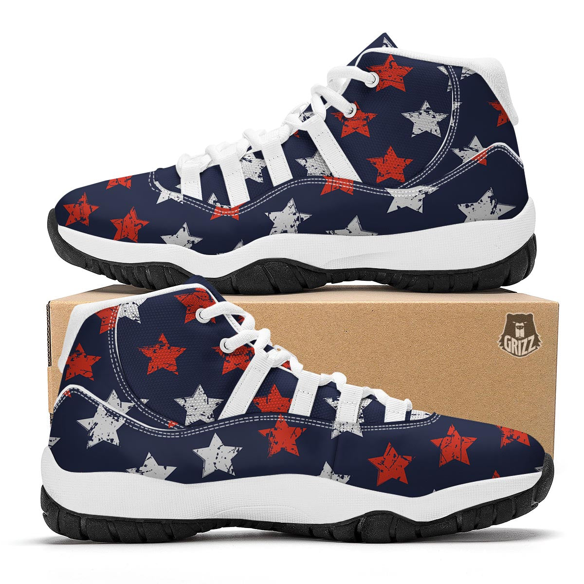 USA Star Blue And Red Print Pattern White Bball Shoes-grizzshop