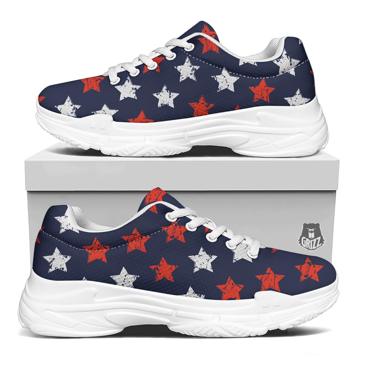 USA Star Blue And Red Print Pattern White Chunky Shoes-grizzshop