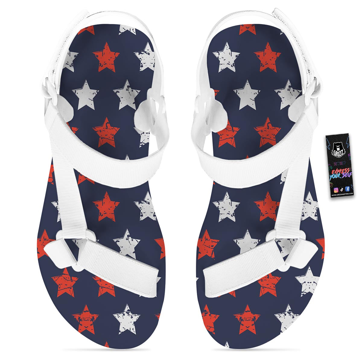 USA Star Blue And Red Print Pattern White Open Toe Sandals-grizzshop