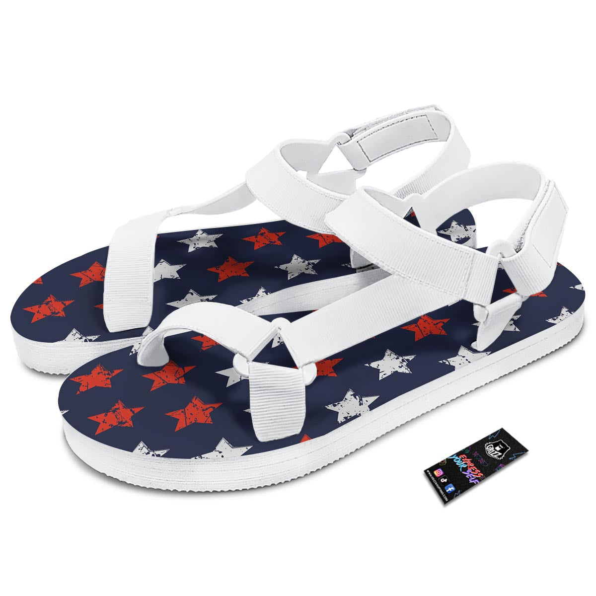 USA Star Blue And Red Print Pattern White Open Toe Sandals-grizzshop