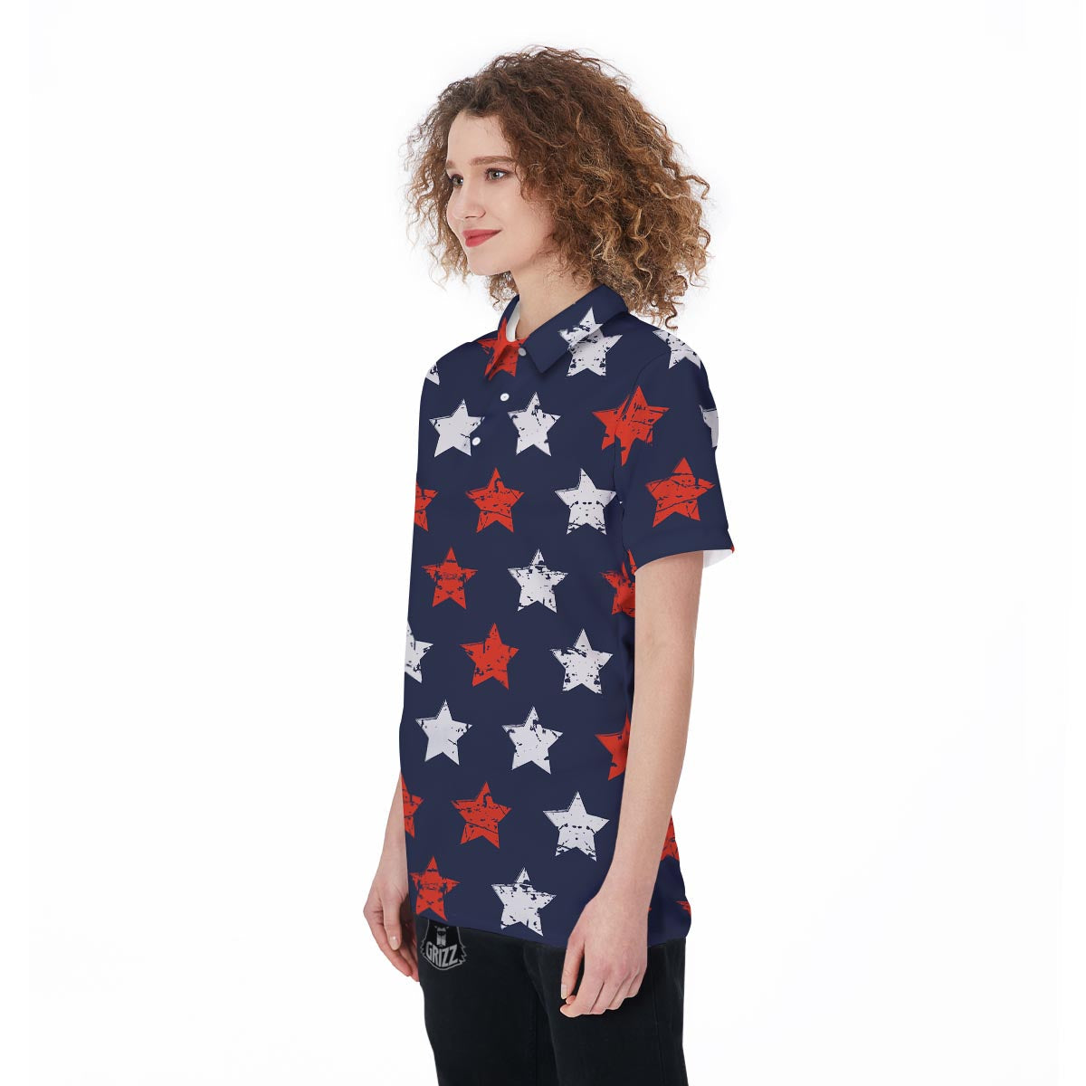 USA Star Blue And Red Print Pattern Women's Golf Shirts-grizzshop