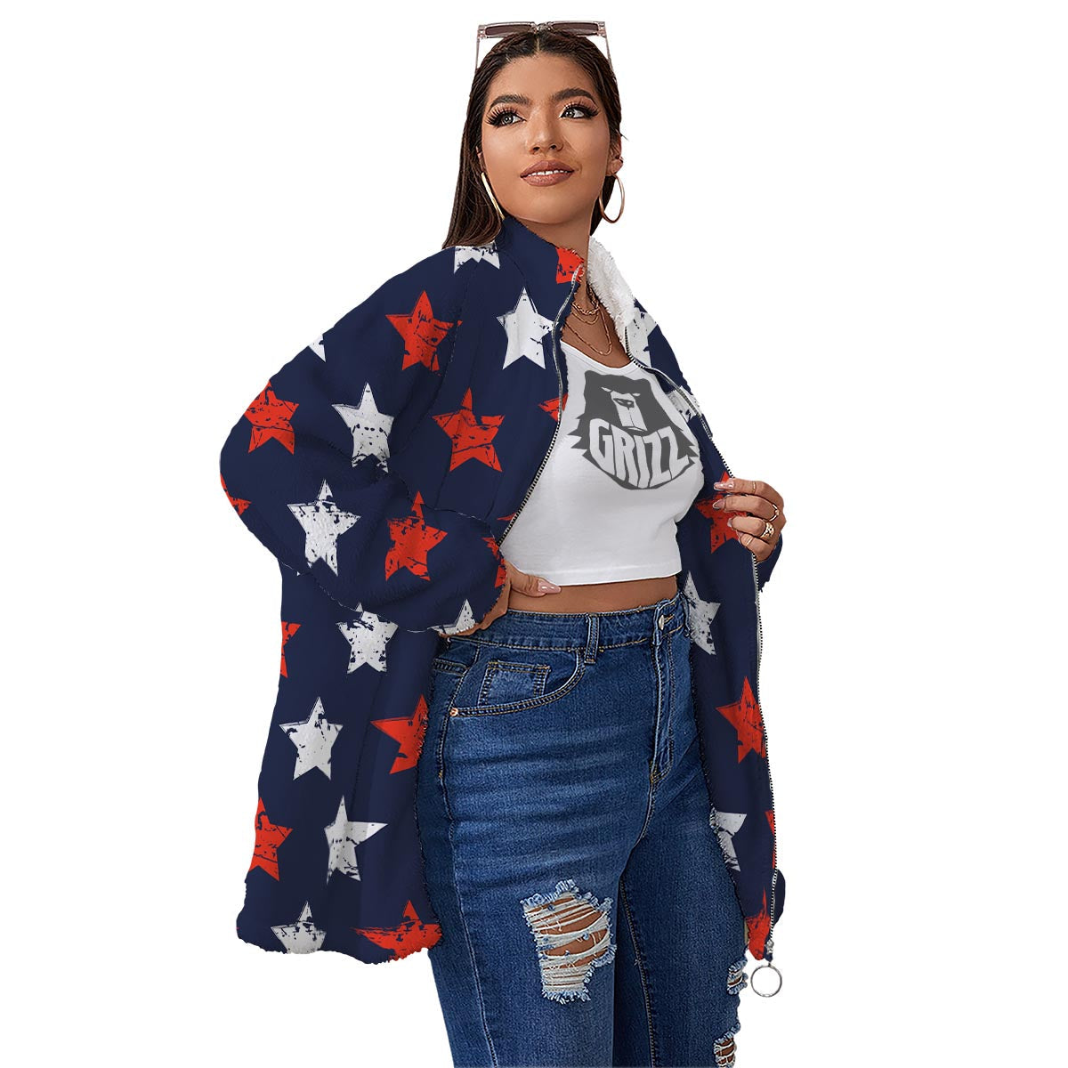 USA Star Blue And Red Print Pattern Women's Sherpa Jacket-grizzshop