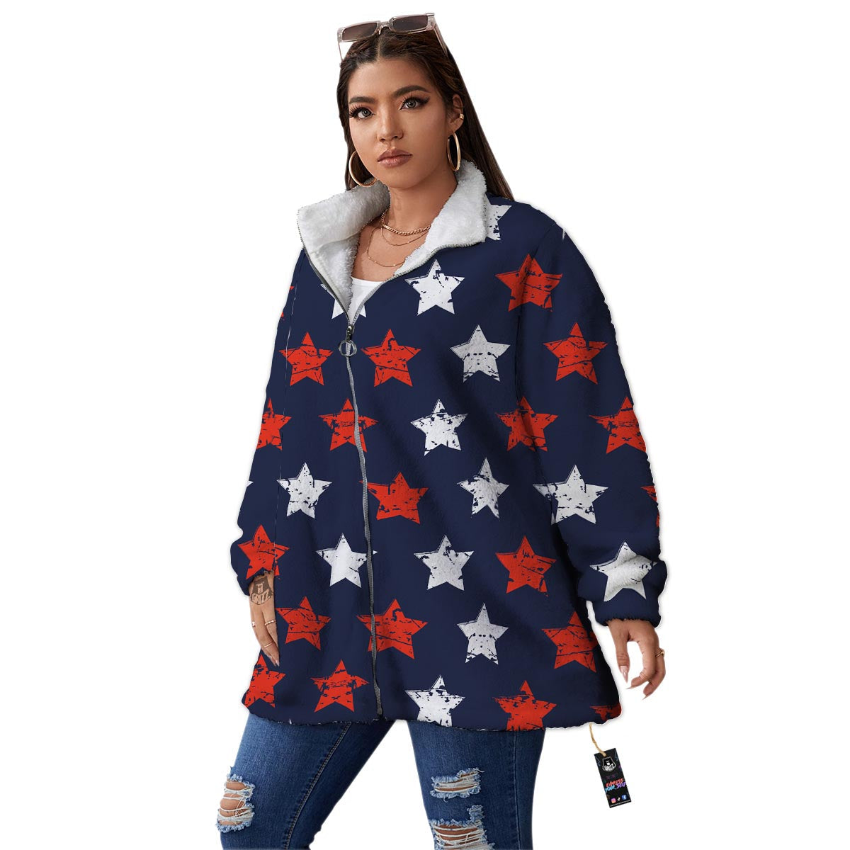 USA Star Blue And Red Print Pattern Women's Sherpa Jacket-grizzshop