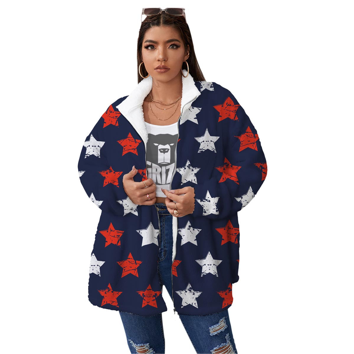 USA Star Blue And Red Print Pattern Women's Sherpa Jacket-grizzshop