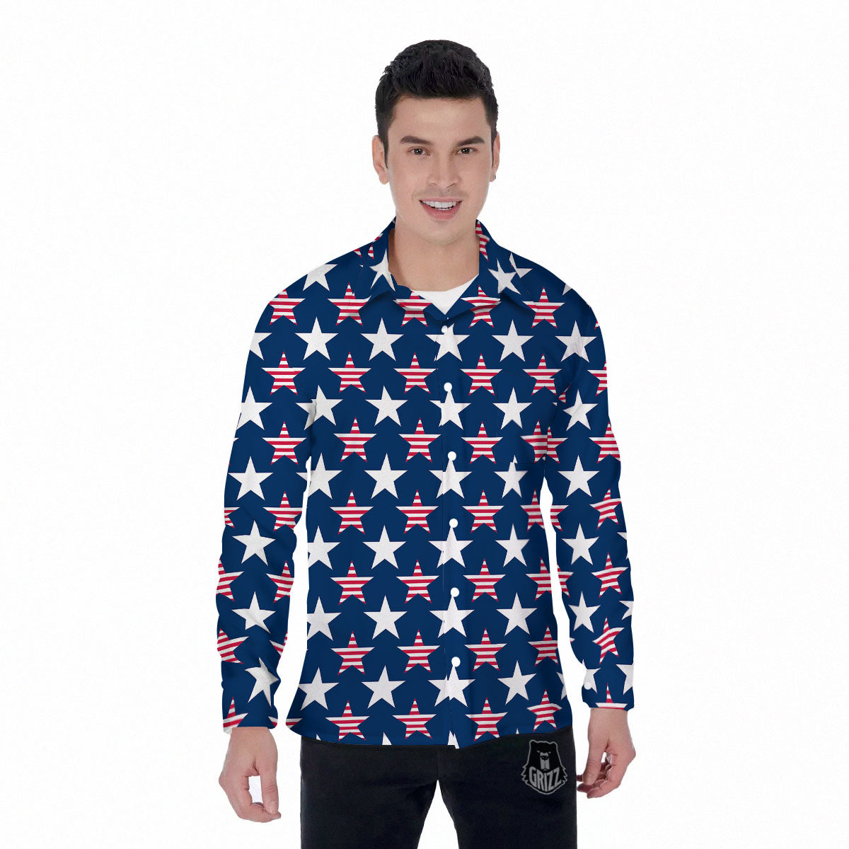 USA Star Fourth of July Print Pattern Men's Long Sleeve Shirts-grizzshop