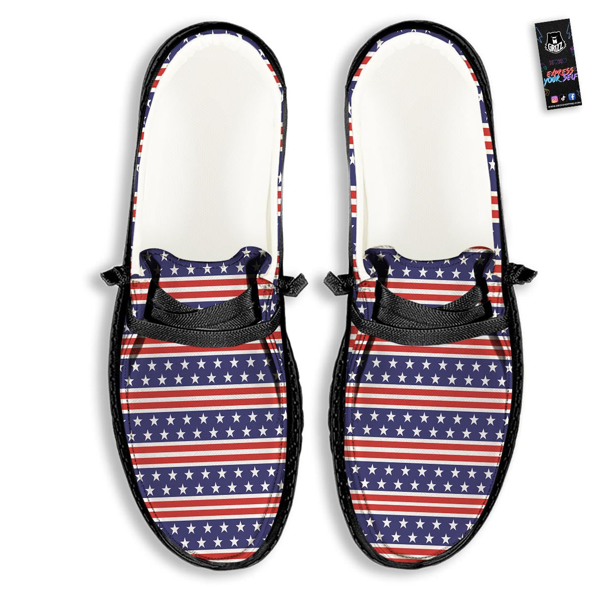 USA Star Red Striped Print Pattern Black Loafers-grizzshop